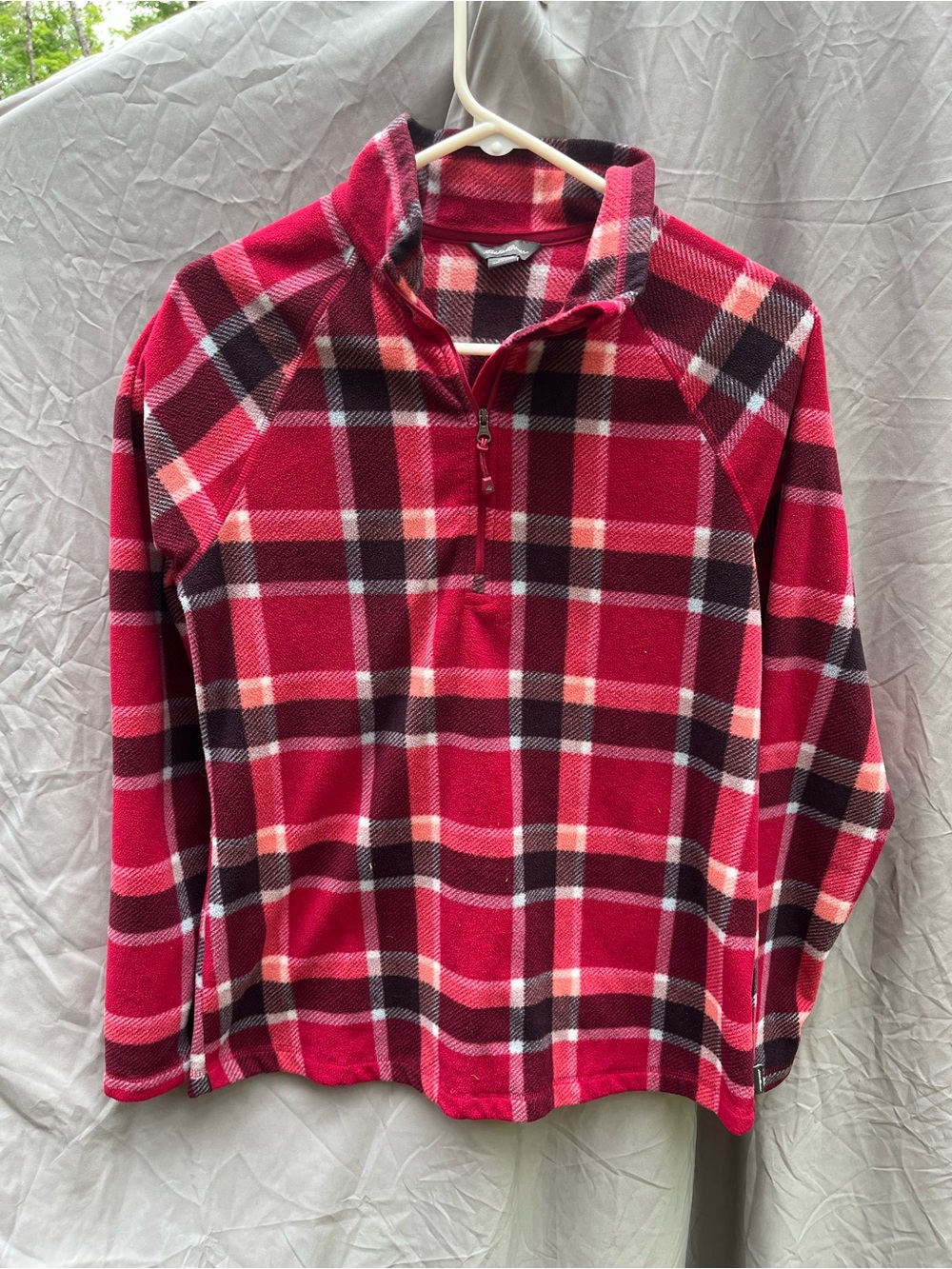 Eddie Bauer Pink and Black Plaid Half -Zip Fleece Pullover